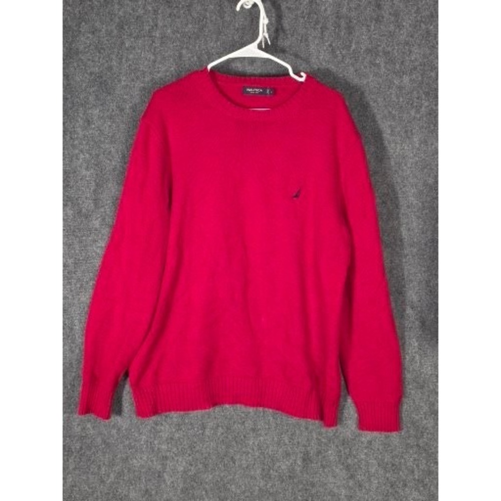 VTG Nautica Mens Red Cotton Crew Neck Pullover Sweater Size L Preppy Winter Work